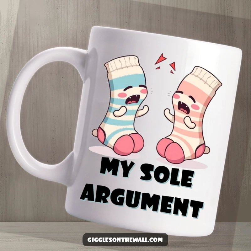 Funny Sock Mug: A pair of socks in a dramatic argument, symbolizing playful conflict and relatable relationship humor, a perfect gift.