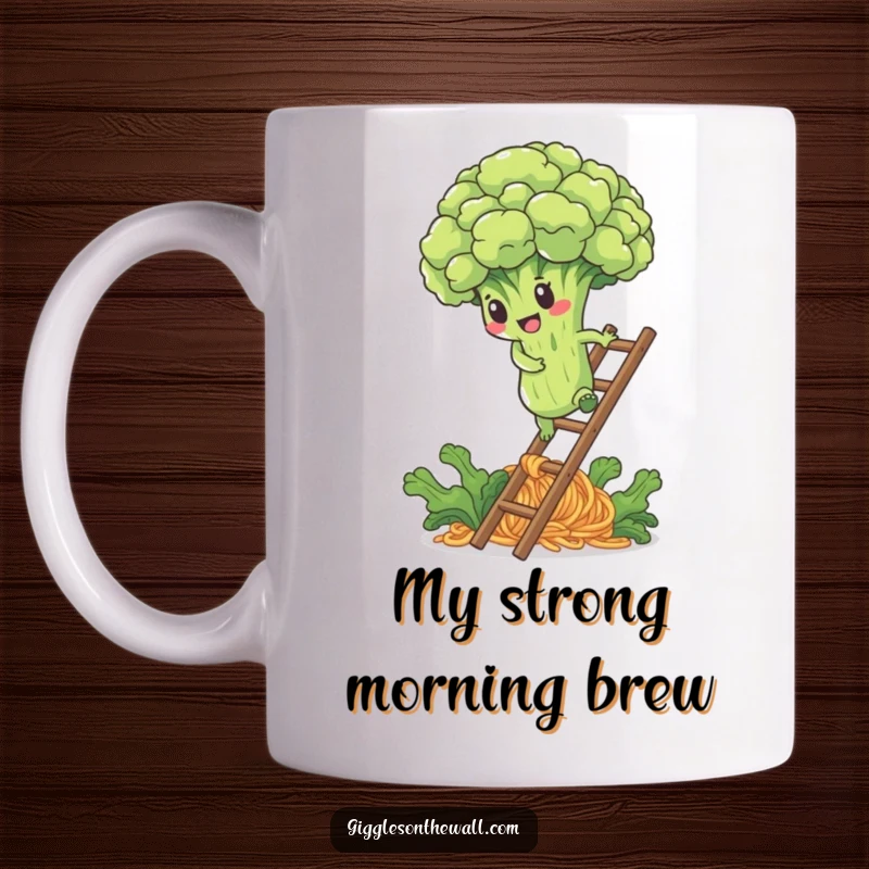 Funny mug showing a determined broccoli floret character climbing a ladder made of noodles, symbolizing healthy pursuit.