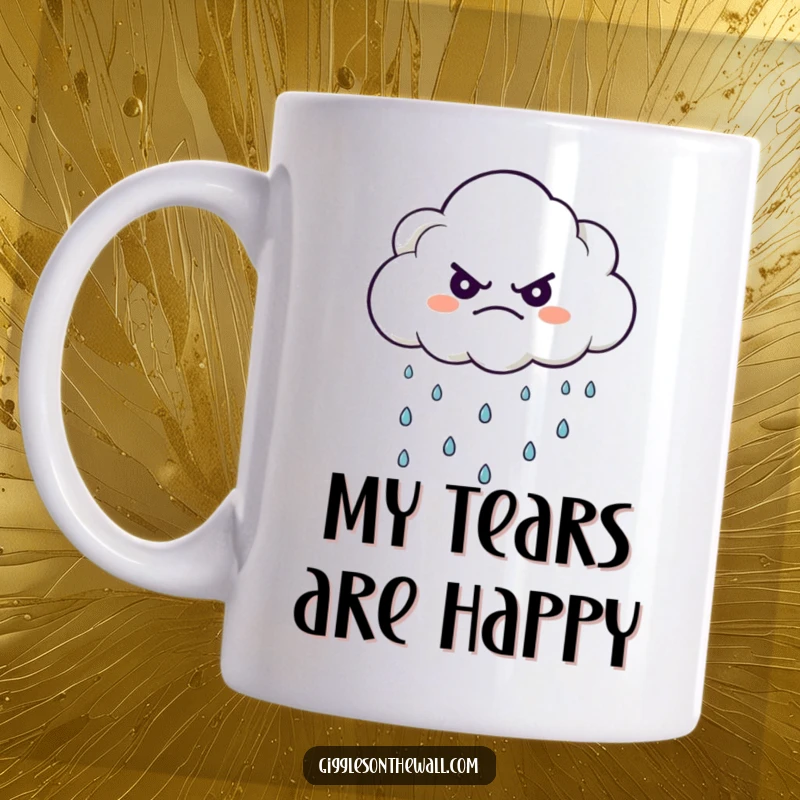 Funny mug featuring a grumpy cloud character releasing tiny, happy raindrops, symbolizing optimism amidst gloom.