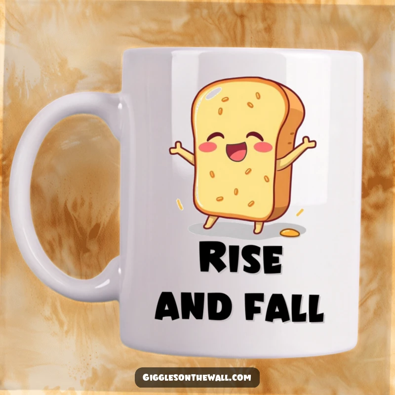 Funny mug depicting a bread loaf in a clumsy yet joyful pratfall, embodying spontaneous humor, an excellent funny gift.