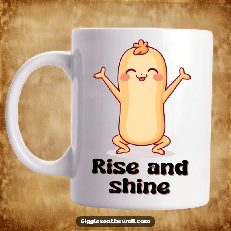 Funny cheerful baguette doing a happy yoga pose, conveying peace and humor, perfect funny gift.