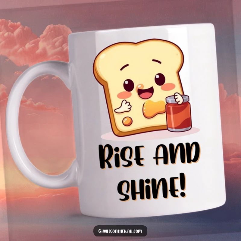 Funny mug showing a sentient slice of toast hilariously attempting a selfie with a jar of jam, full of breakfast humor.