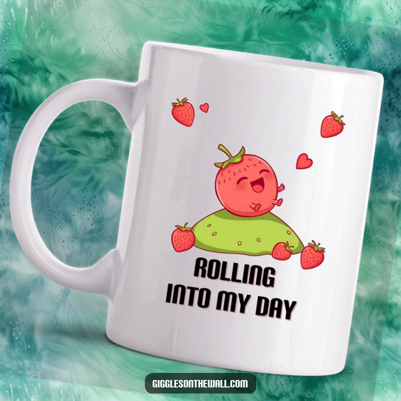 Funny Strawberry Mug: A giggling strawberry rolling down a hill uncontrollably, symbolizing pure, uninhibited joy and fun, a perfect gift.