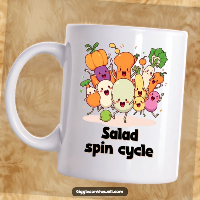 Funny Veggie Dance Mug, showing animated vegetables performing a chaotic synchronized dance with energy and humor.