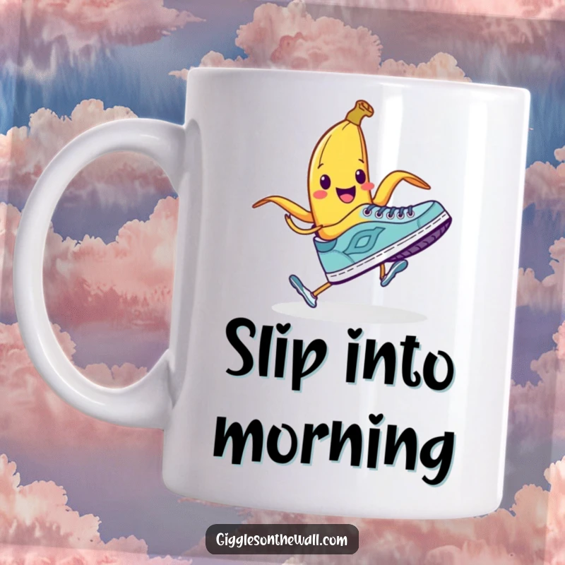 Funny mug featuring a smiling banana peel poised to trip a running shoe, embodying classic slapstick humor.