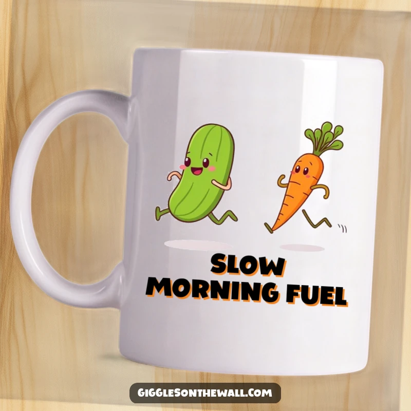 Funny mug depicting a sprinting pickle racing a determined carrot, humorous food illustration, vegetable competition.