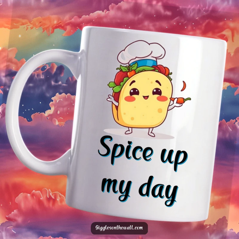 Funny taco wearing a chef hat, comically juggling tiny chili peppers with intense concentration, a hilarious food illustration.