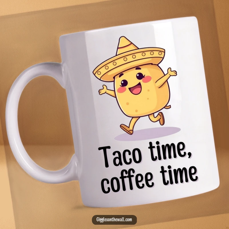 Funny mug featuring a happy taco wearing a tiny sombrero, hilariously attempting to moonwalk across a vibrant background.