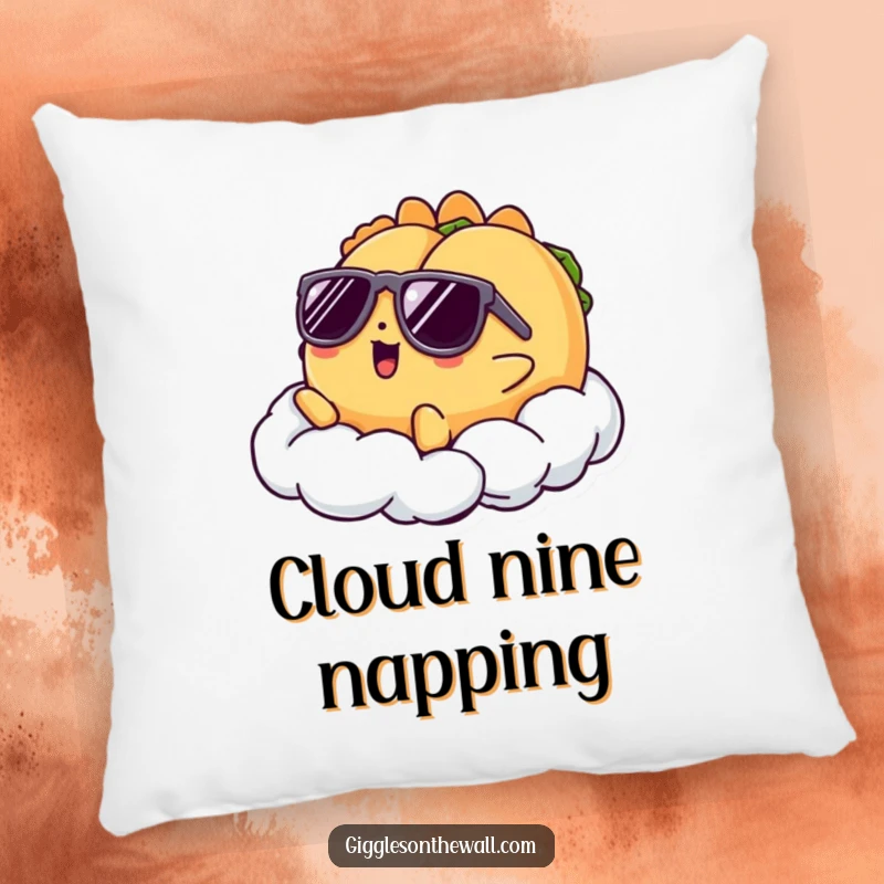 Funny pillow featuring a taco character in sunglasses lounging comfortably on a cloud, offering a soft and humorous decorative touch.