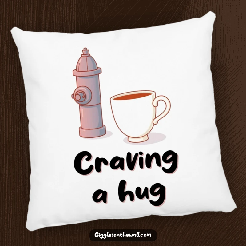 Funny pillow, a teacup hugging a fire hydrant, soft and decorative, humorous and charming design.
