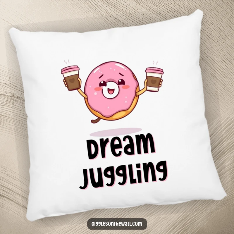 Funny giddy donut juggling coffee cups on a pillow, soft and decorative, perfect funny gift.