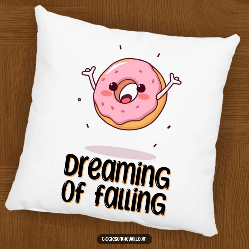 Funny pillow showcasing a donut doing a clumsy cartwheel, offering comfort and a humorous, relatable design.