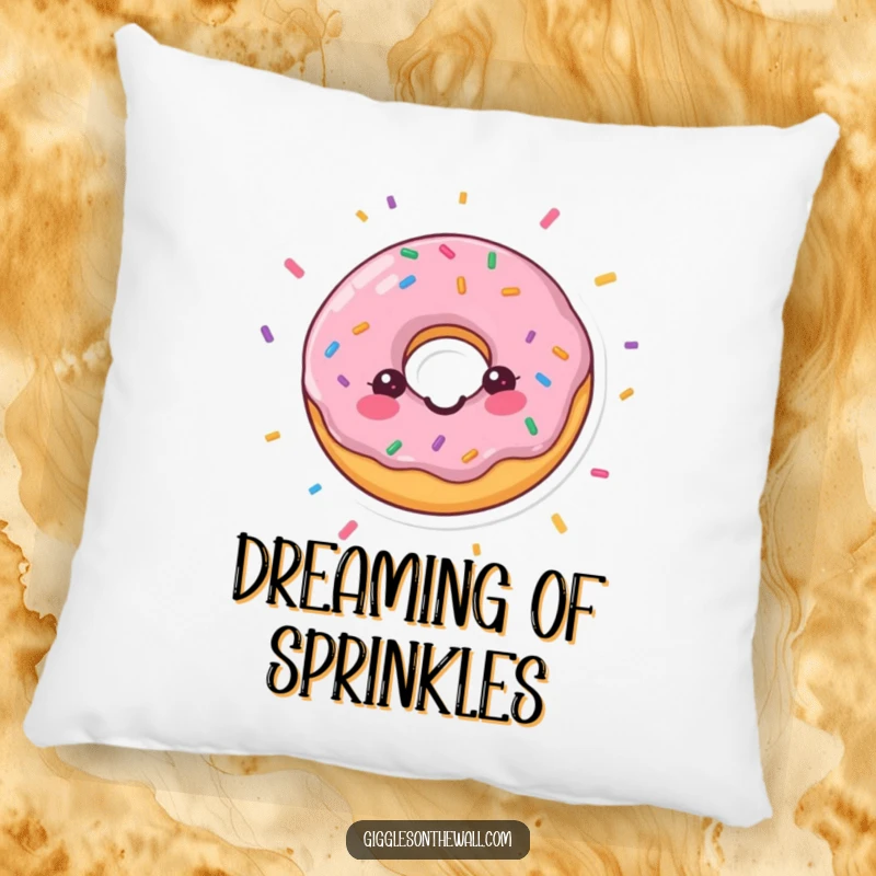 Funny pillow featuring a joyful donut surrounded by confetti, offering comfort and a touch of celebration, an ideal funny gift.