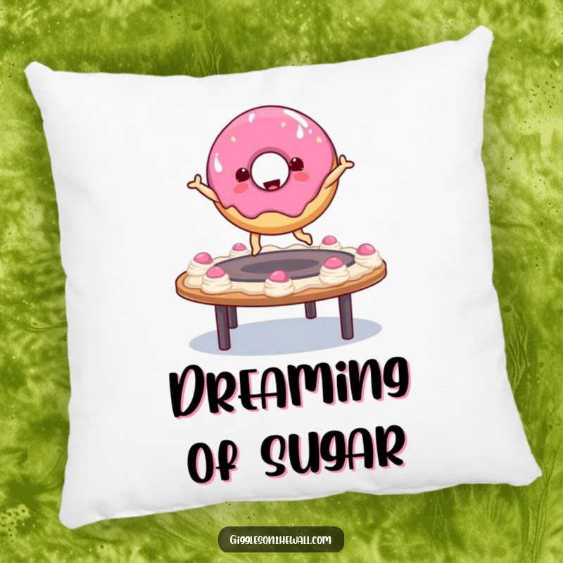 Funny donut character bouncing on a frosting trampoline on a pillow, offering soft comfort and a cheerful, sugary visual.