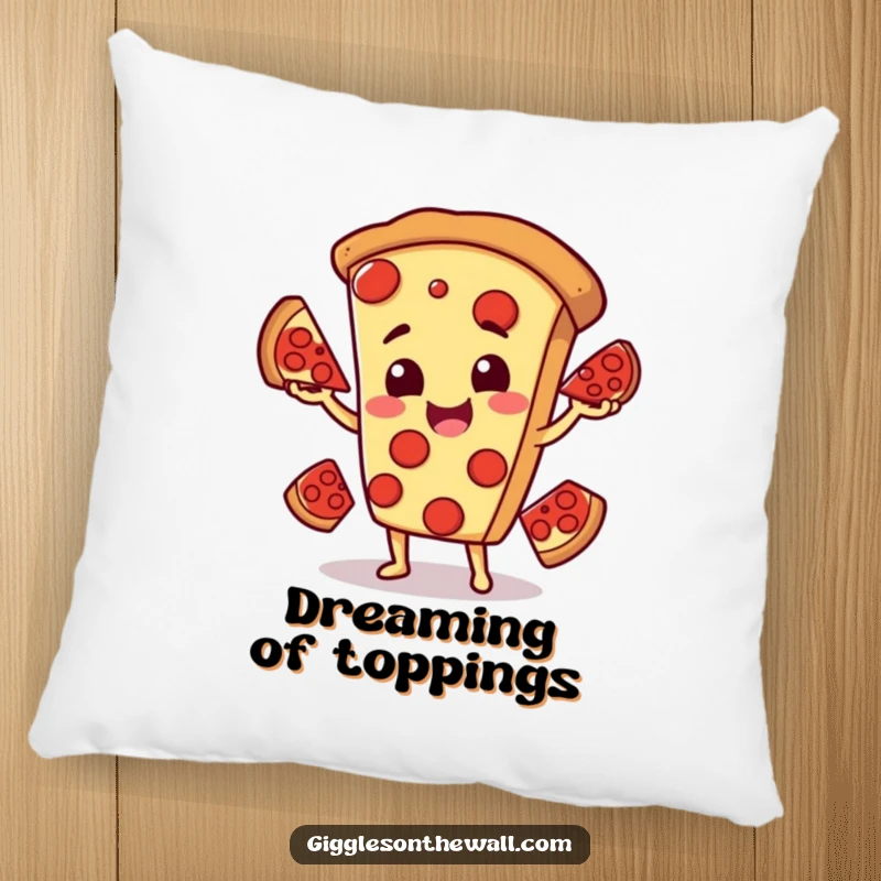 Funny pillow featuring a smiling pizza character comically juggling pepperoni slices, perfect for soft, humorous decorative accents.