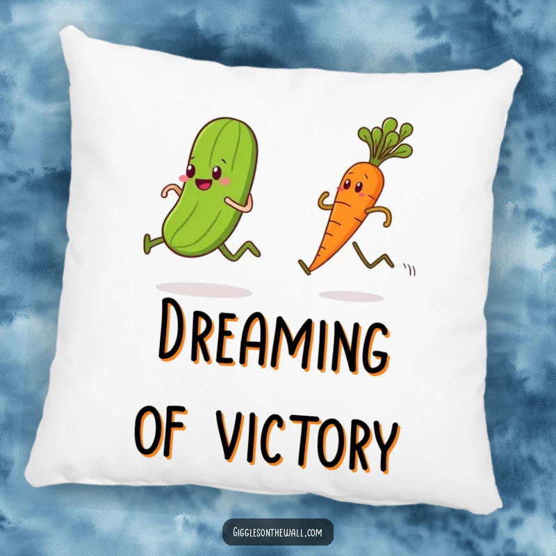 Funny pillow, a pickle and carrot in a race, soft and decorative, humorous vegetable design.