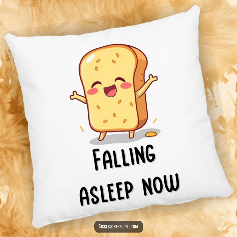 Funny pillow featuring a bread loaf in a clumsy, joyful pratfall, offering cozy comfort and lighthearted humor, an ideal funny gift.