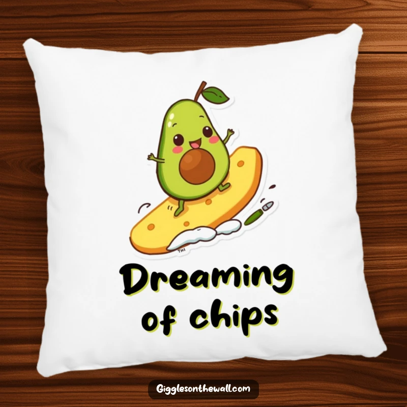 Funny avocado character attempts to surf on a giant chip, featured on a soft pillow, offering comfort and a comical, delightful visual.