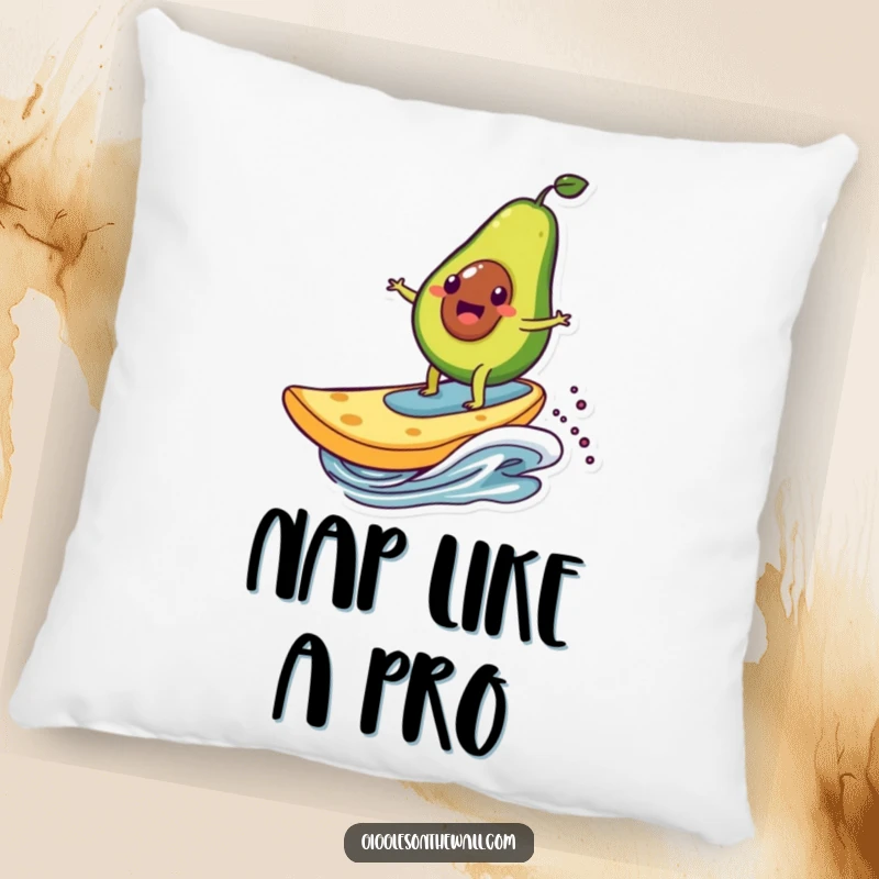 Funny pillow with an avocado character surfing on a giant chip, a soft and humorous decorative item for couches and beds.