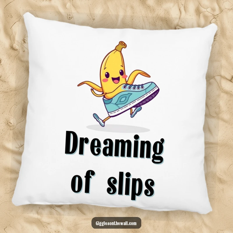 Funny pillow featuring a smiling banana peel ready to trip a running shoe, perfect for comfortable humor.
