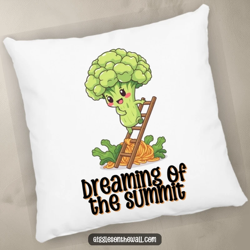 Funny pillow featuring a determined broccoli floret climbing a noodle ladder, offering comfort and motivational charm.