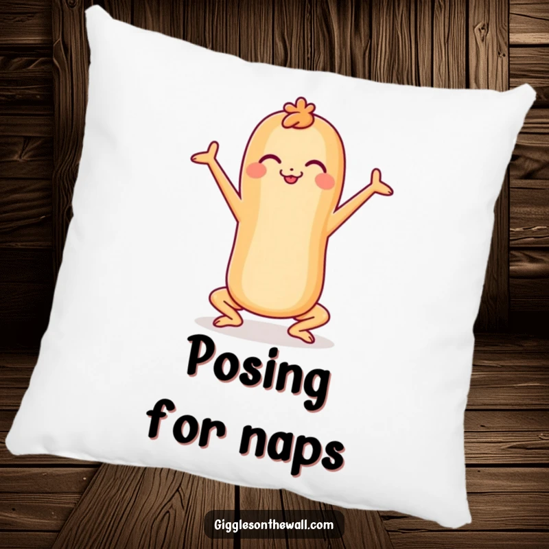 Funny cheerful baguette in a yoga pose on a pillow, soft and decorative, perfect funny gift.