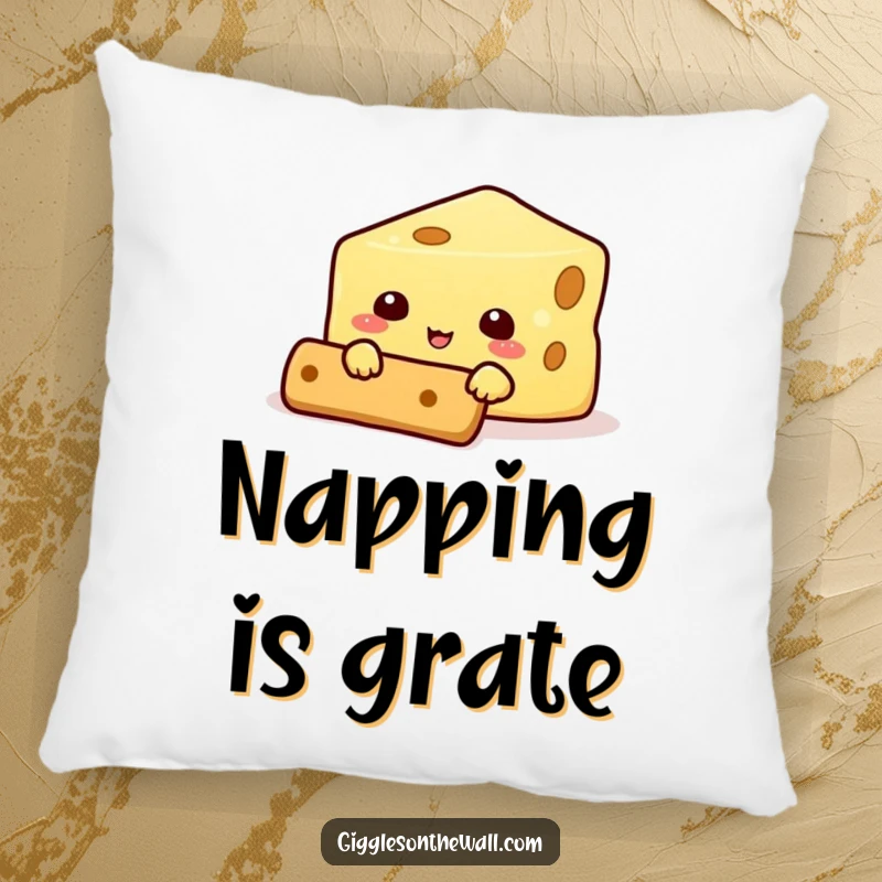 Funny pillow with a smiling cheese character peeking from behind a cracker, a soft and humorous decorative accent for any room.