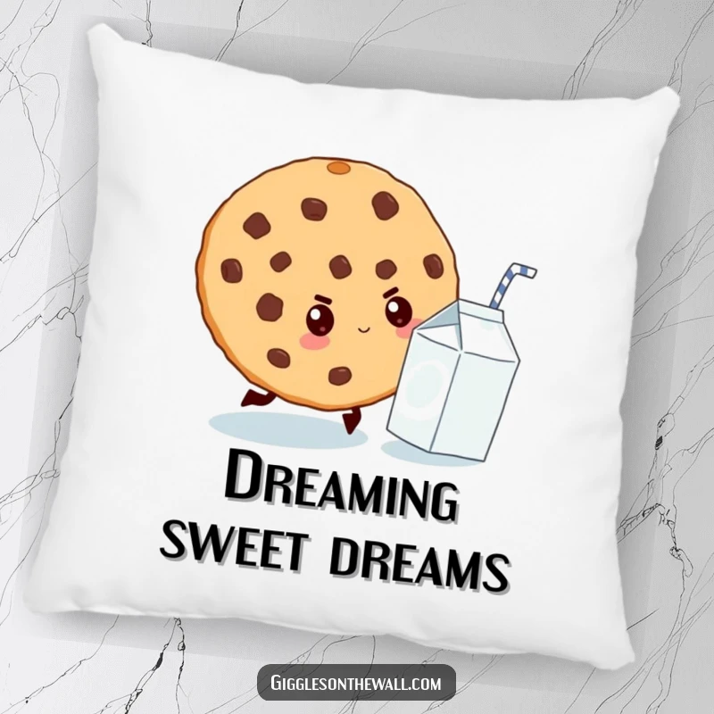 Funny pillow featuring a determined giant cookie chasing a tiny milk carton, offering comfort with a humorous snacktime narrative.