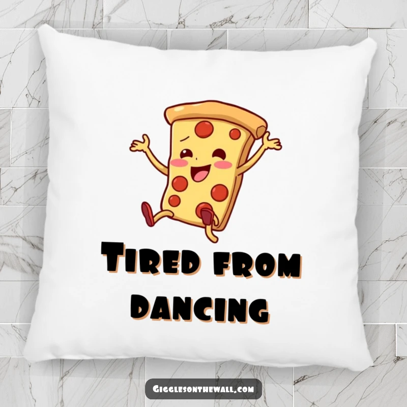 Funny pizza slice pillow with legs dancing enthusiastically, clumsy yet cute, a soft and humorous decorative item.