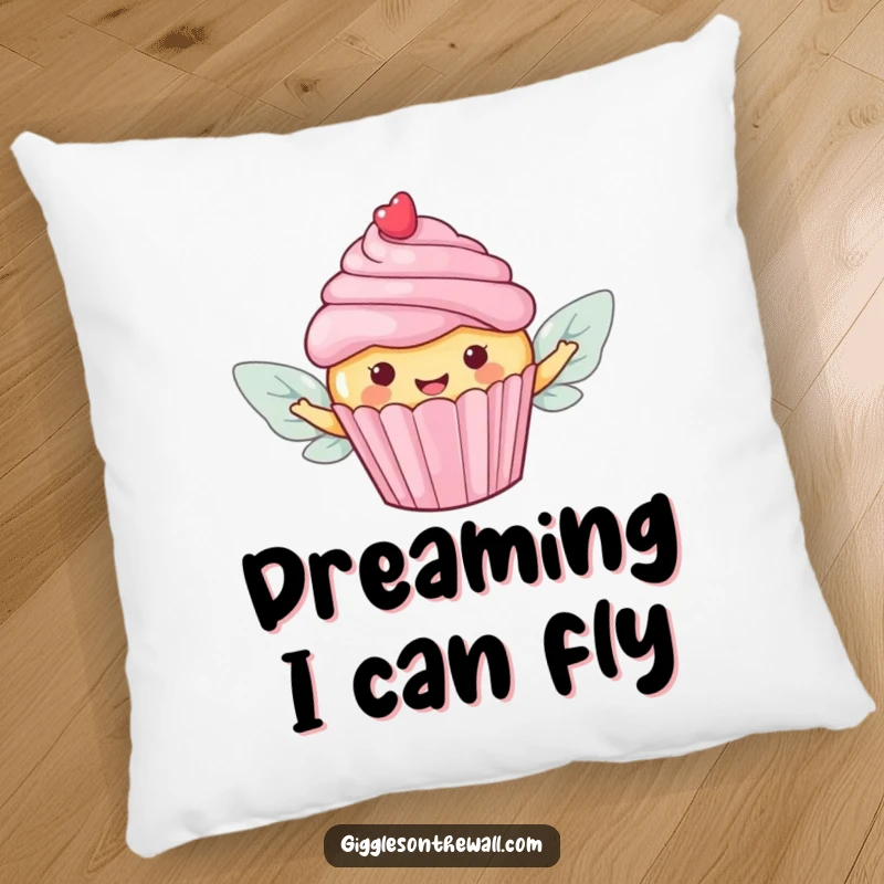 Funny pillow with a happy cupcake sporting candy wings, attempting a sweet escape, offering playful comfort.