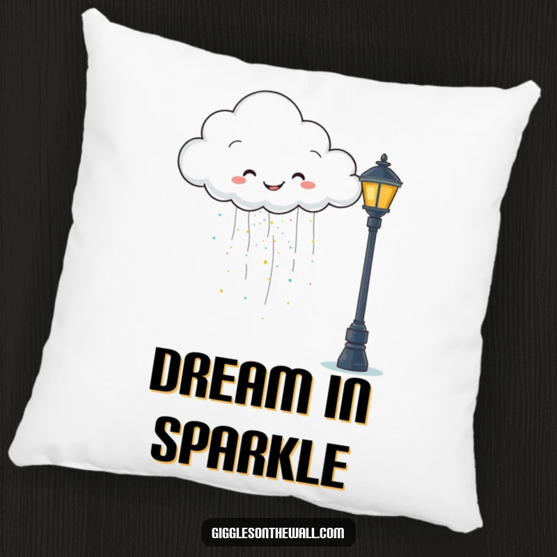 Funny pillow featuring a happy cloud raining glitter onto a grumpy lamppost, perfect for comfortable humor.