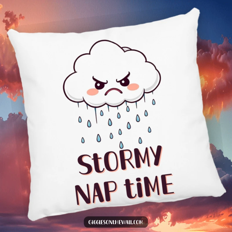 Funny grumpy cloud pillow, a soft cushion featuring a displeased cloud raining tiny, disgruntled raindrops.