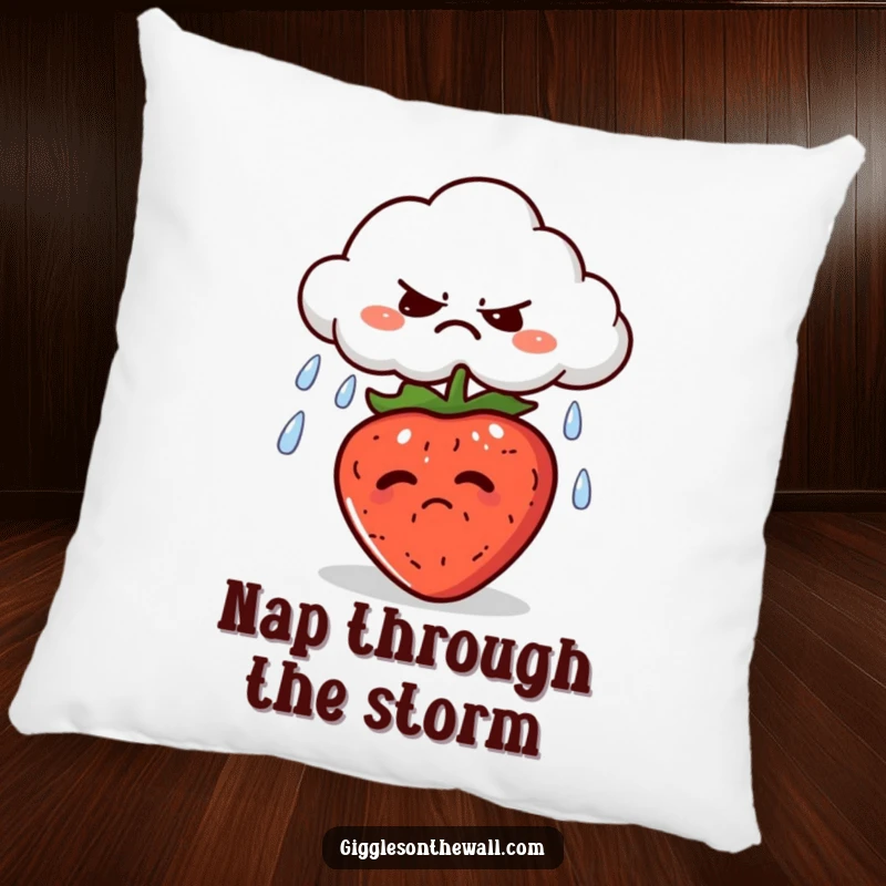 Funny pillow featuring a grumpy cloud spitting rain onto a sunbathing strawberry, offering comfort with a humorous weather theme.