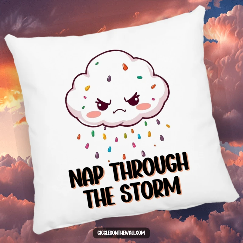 Funny grumpy cloud character raining colorful sprinkles on a pillow, offering soft comfort and a cheerful, whimsical visual.
