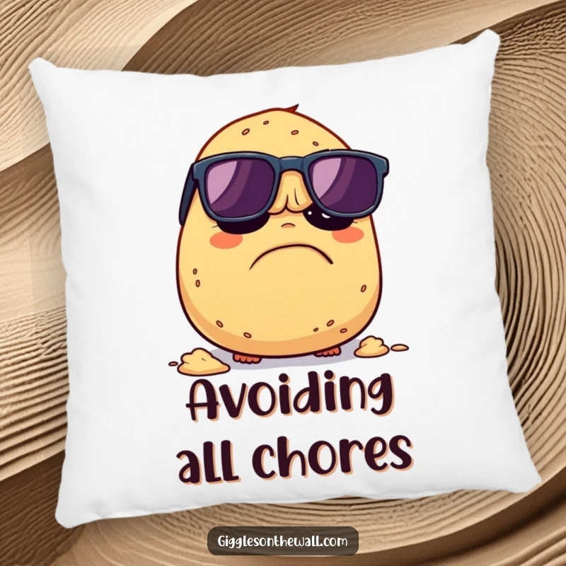 Funny Grumpy Potato Pillow: A plush pillow featuring a grumpy potato with sunglasses attempting to escape being mashed, offering humorous comfort.