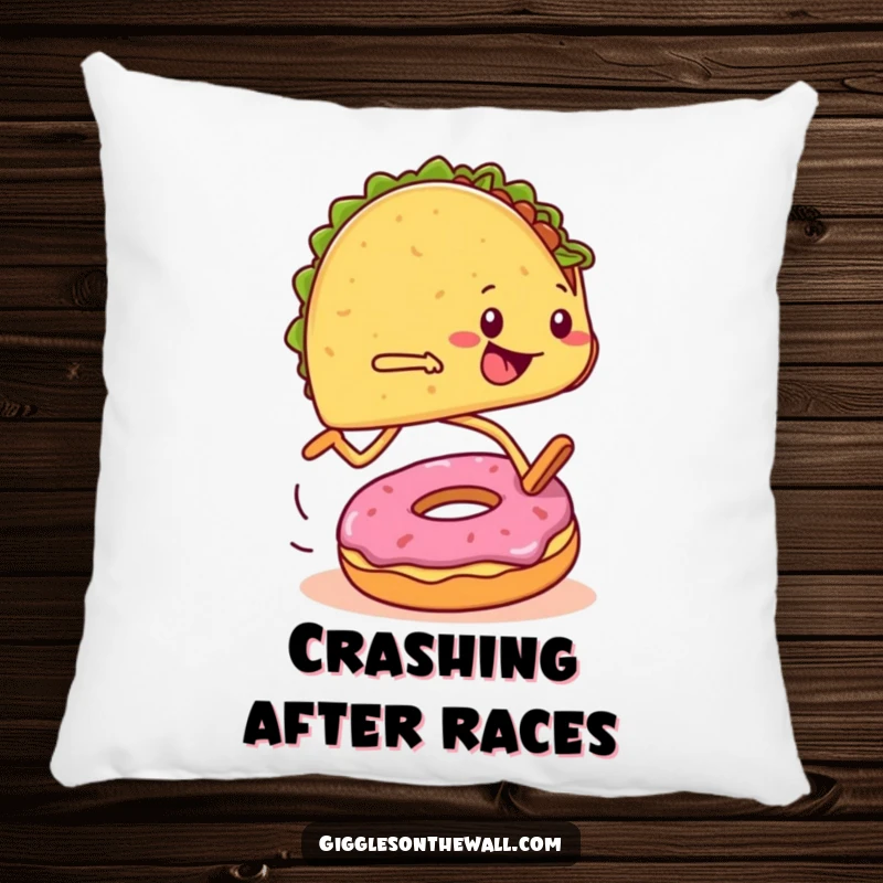 Funny pillow featuring a taco with legs tripping over a donut in a marathon, perfect for comfortable humor.