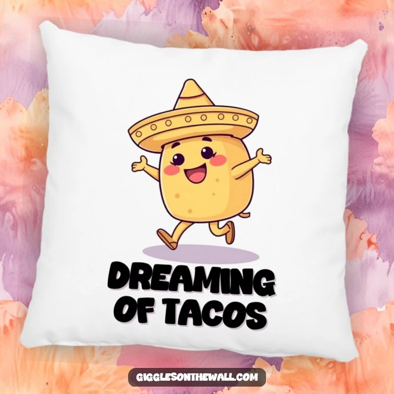 Funny pillow with a happy taco in a sombrero, moonwalking with flair, offering comfort and a humorous presence.