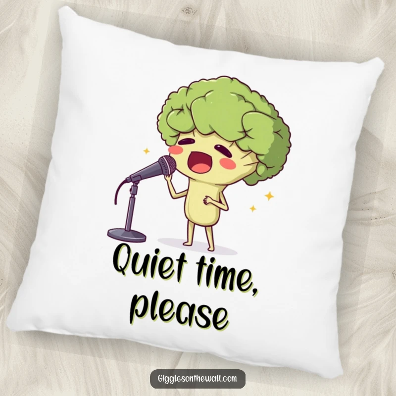 Funny pillow featuring a proud broccoli head singing opera into a microphone, offering comfort with a dramatic and humorous touch.