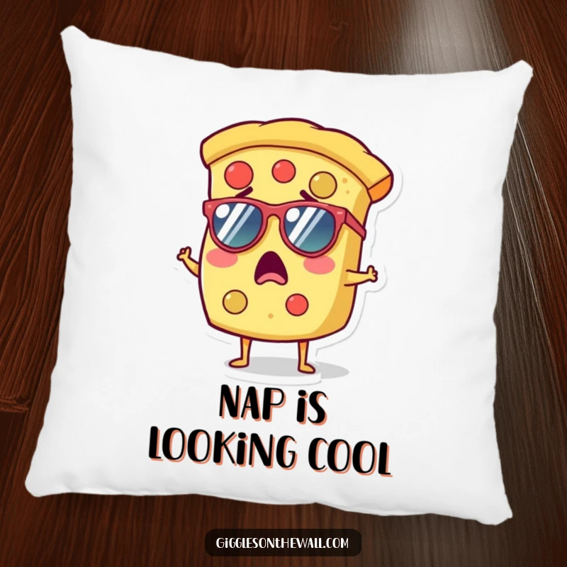 Funny pillow featuring a surprised slice of pizza wearing tiny sunglasses, offering comfort and a cool aesthetic.