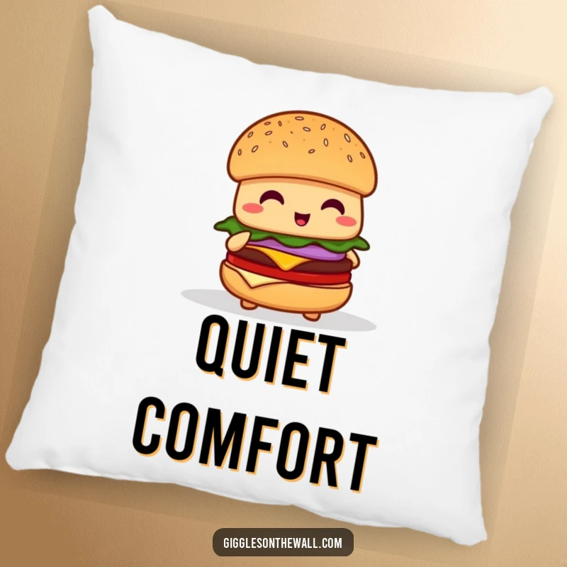 Funny shy hamburger pillow, a soft cushion featuring a timid burger character attempting to give a speech.