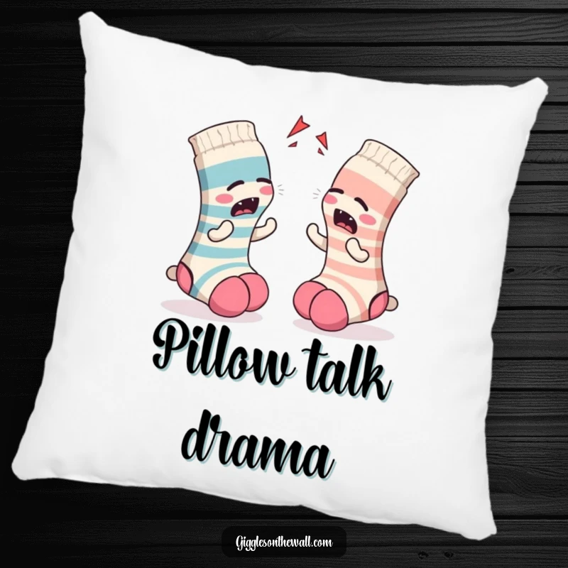 Funny Sock Pillow: A soft pillow displaying a pair of socks in a dramatic argument, perfect for adding humor and relatability to home decor.