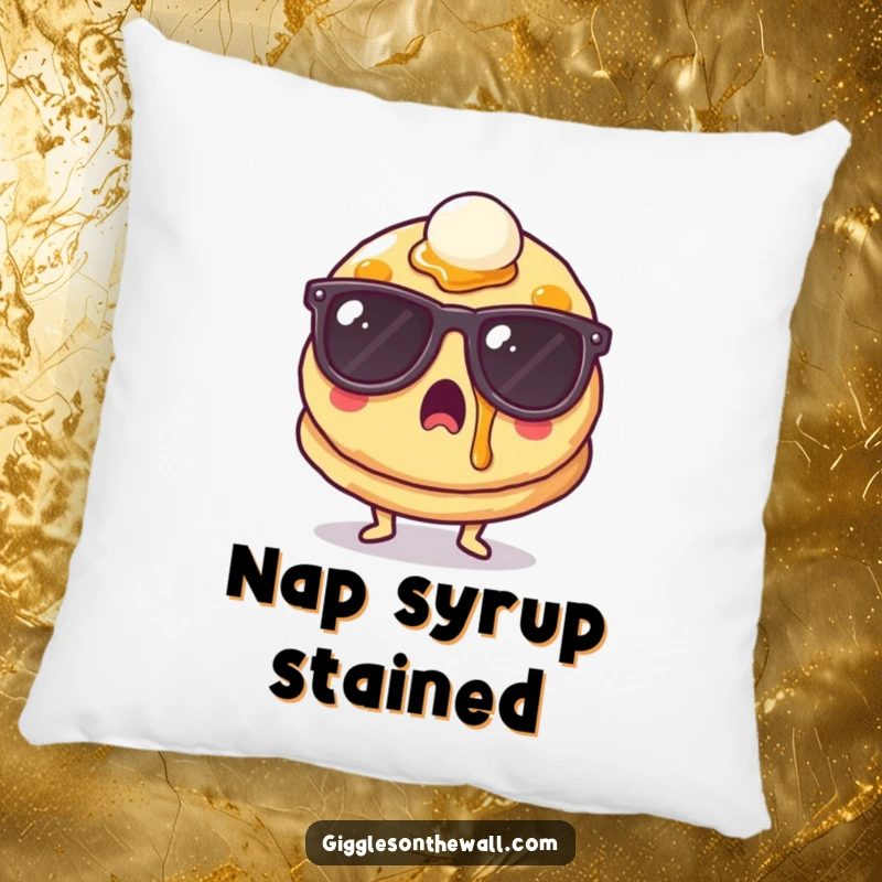 Funny surprised pancake with sunglasses and syrup on a pillow, soft and decorative, perfect funny gift.