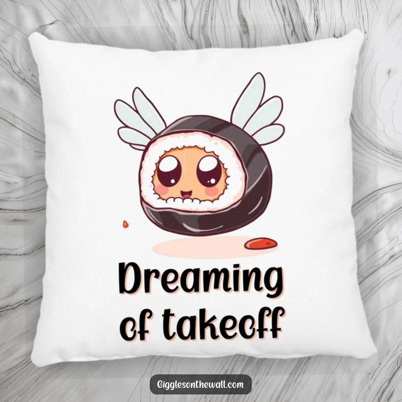 Funny Sushi Flying Pillow: A plush pillow featuring a sushi piece with googly eyes attempting flight with soy sauce packets, offering humorous comfort.