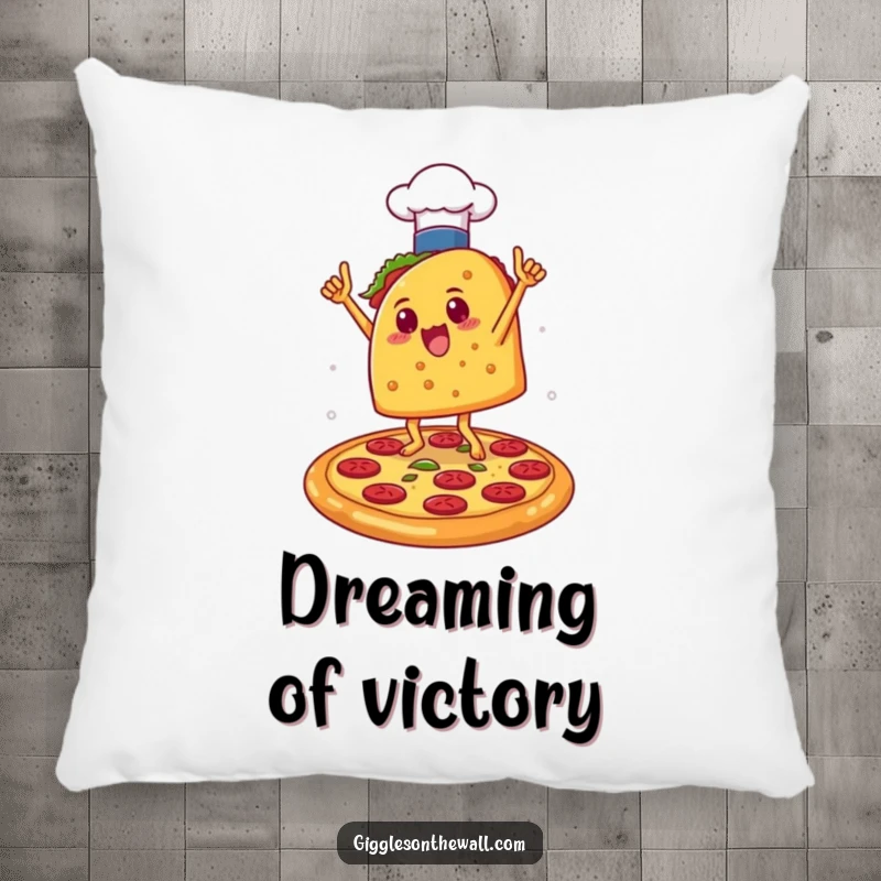 Funny Taco Chef Victory Pillow: A plush pillow featuring a taco in a chef hat doing a victory dance on a pizza, offering humorous comfort.