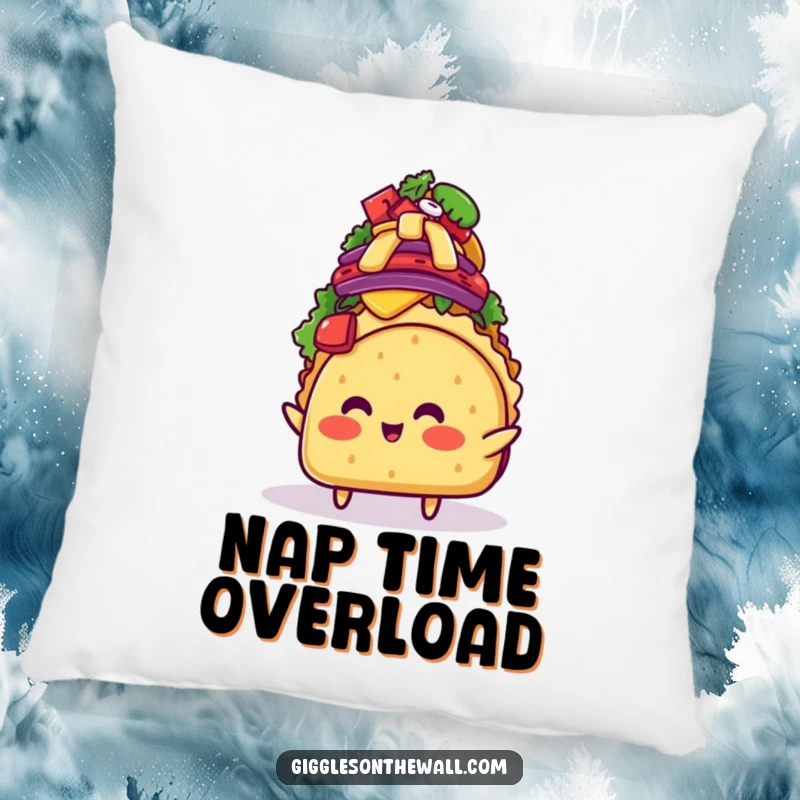 Funny blushing taco character precariously balancing a mountain of toppings on a pillow, offering soft comfort and comical visual appeal.