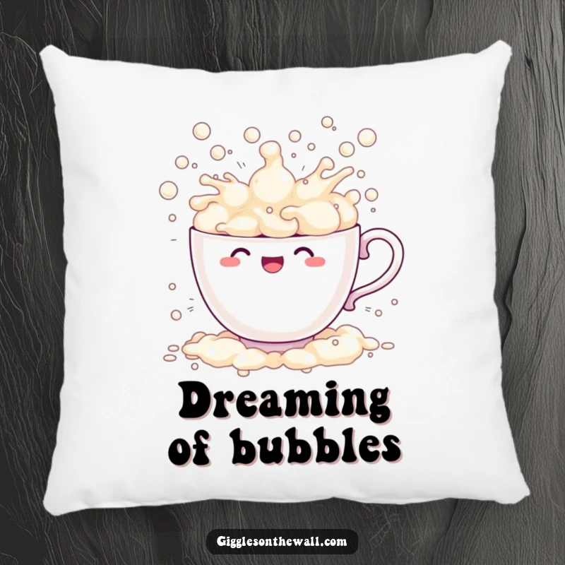 Funny teacup pillow comically overflowing with bubbles, splashing everywhere, a soft and humorous decorative accent.