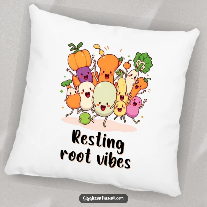 Funny Veggie Dance Pillow, featuring a group of animated vegetables in a chaotic synchronized dance, soft and cuddly.