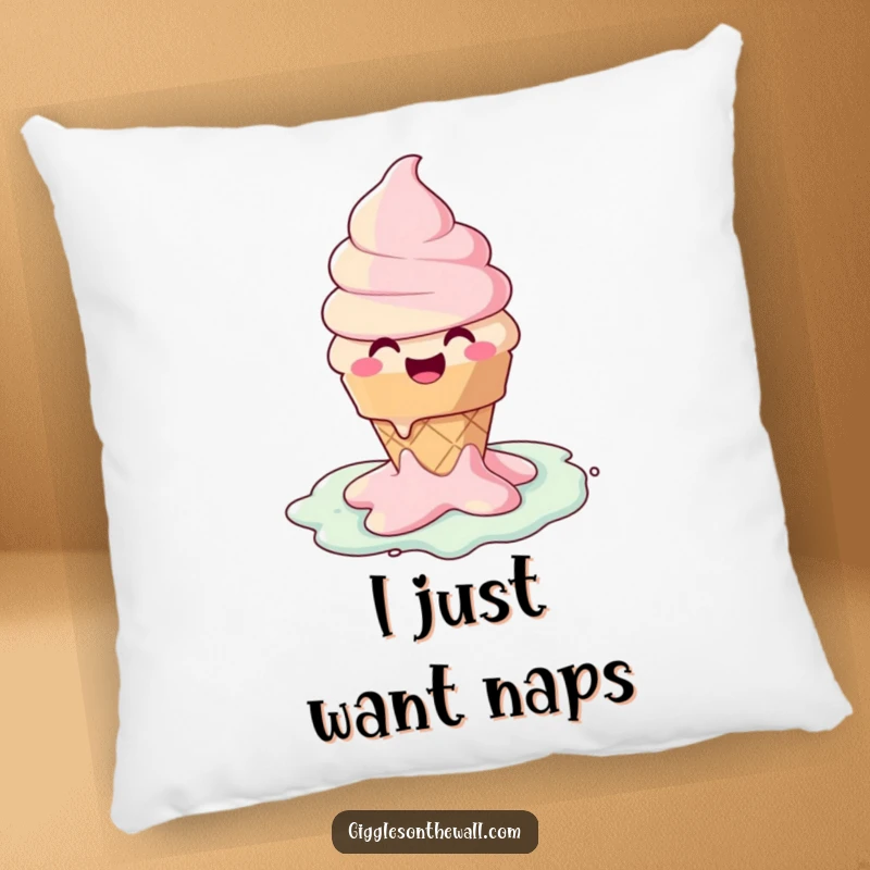 Funny pillow with a happy ice cream cone character joyfully melting into a puddle, offering comfort and a humorous accent.