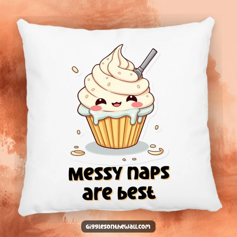 Funny pillow featuring a cupcake character comically frosting itself, creating a sweet and messy center.
