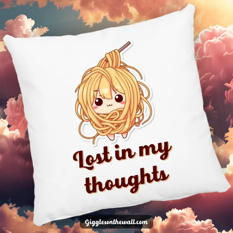 Funny pillow featuring a bewildered ramen noodle character tangled in its own strands, perfect for relaxation.